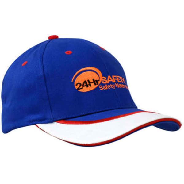 A blue cap with a red sandwich trim and peak, featuring an embroidered logo.