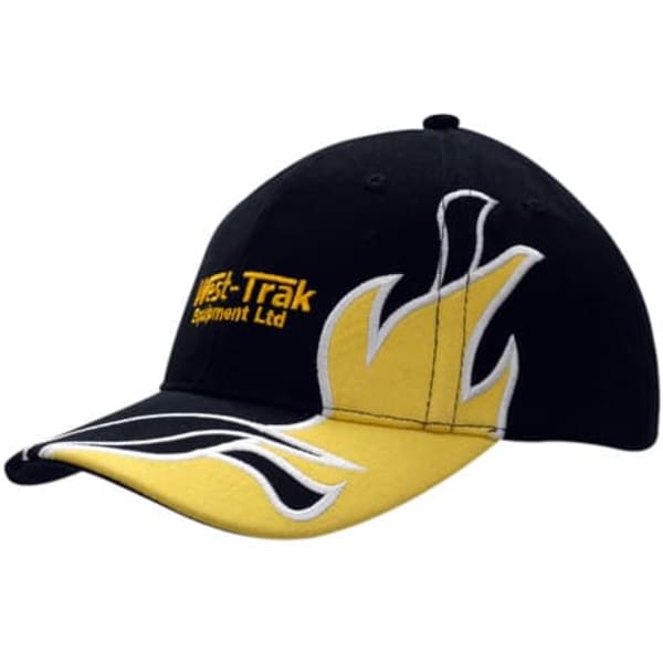 A black and yellow cap featuring a flame design and a logo on the front.