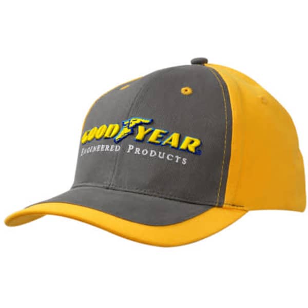 A grey and yellow cap featuring a logo on the front. The cap has a curved peak and a structured design.