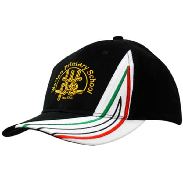 A black cap featuring an embroidered logo and a stylish peak with green, red, and white stripes.