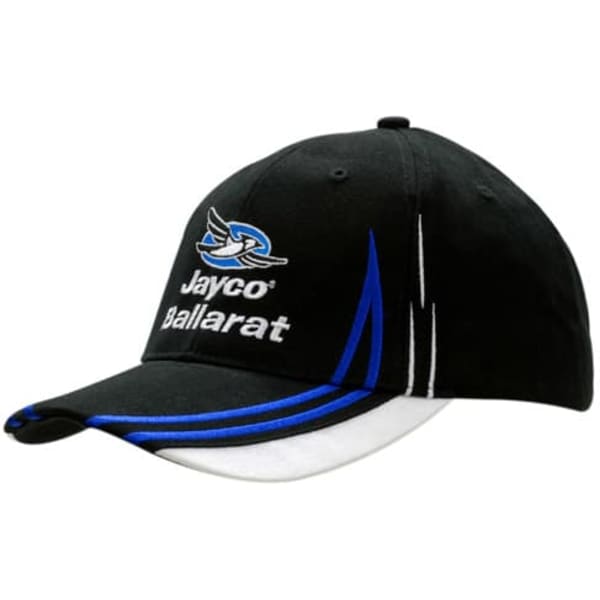 A black cap with blue accents, featuring embroidery and a logo on the front. It has a curved peak and crown design.