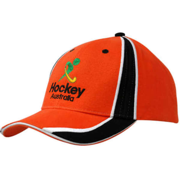 An orange cap with black and white trim, featuring an embroidered logo on the front.