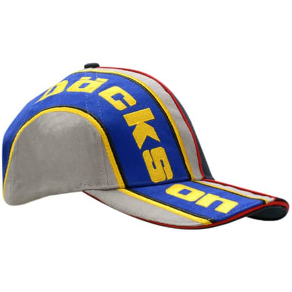 A blue and grey cap with sandwich trim, fabric inserts, and embroidered lines on the crown and peak. It features a logo.