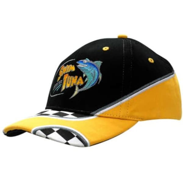 A black and yellow cap featuring an embroidered design on the crown and printed checks on the peak.