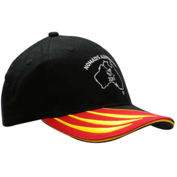 A black cap featuring an embroidered design on the front and a red peak with yellow sandwich trim.