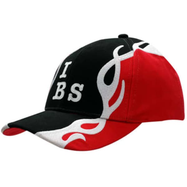 A black and red cap featuring flame embroidery on the crown and peak, with a logo on the front.
