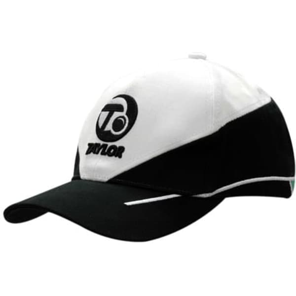 A black and white cap featuring a centred logo, with a curved peak and embroidered lines along the seams.