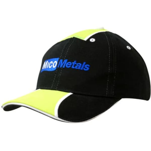 A black cap with a reflective yellow peak and crown inserts, featuring a logo.