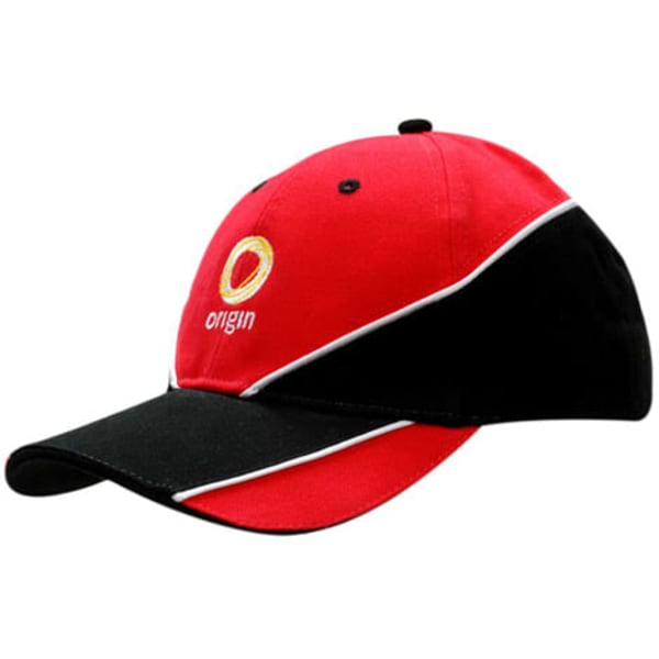 A red and black cap featuring fabric inserts and piping on the crown and peak, with a logo.