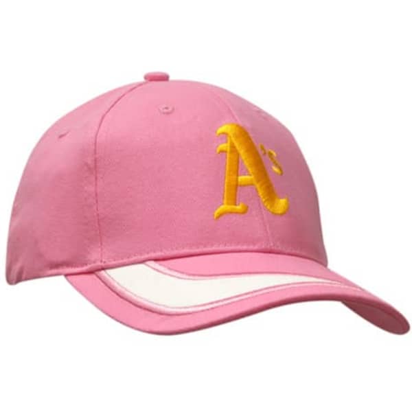 A pink cap with a yellow embroidered logo and a white peak insert.