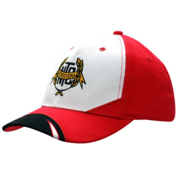 A red and white cap featuring a logo on the front and a black peak. Includes crown inserts and embroidery details.