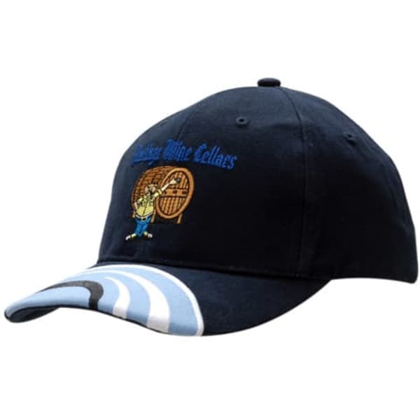 A navy blue cap with a peak insert, featuring embroidered lines and a logo.