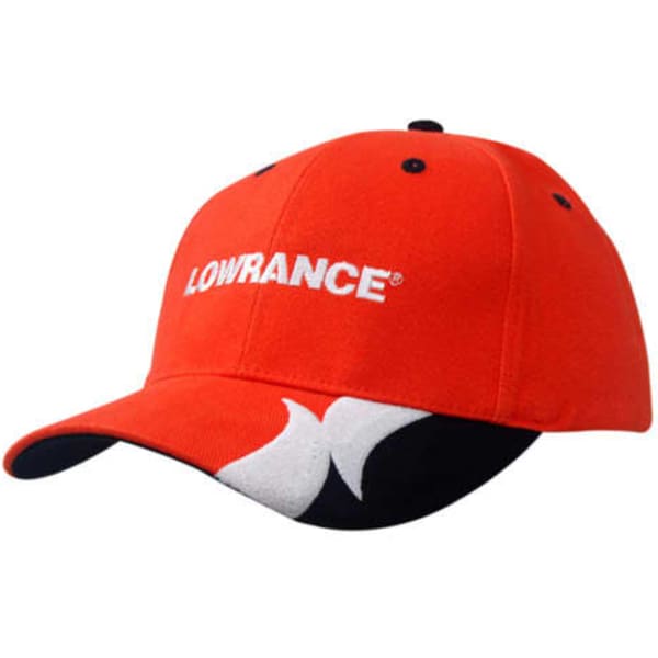 A red cap with black peak trim and embroidery, featuring a logo on the front.
