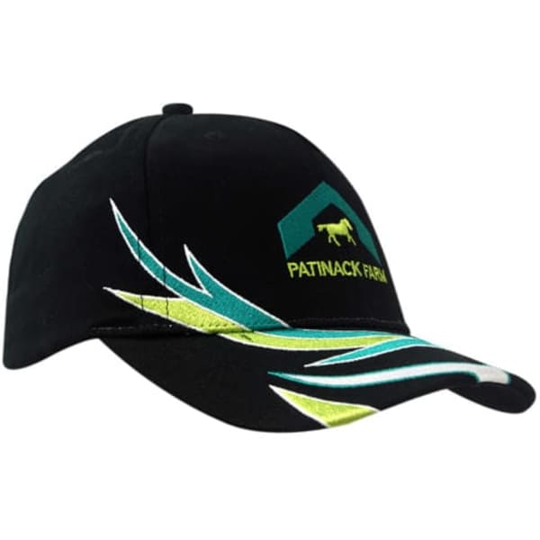 A black cap with teal and yellow embroidery, featuring a logo on the front and decorative stripes on the side.