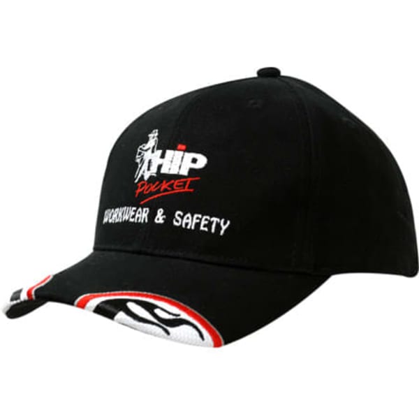 A black cap featuring mesh inserts and embroidery on the peak, with a logo on the front.