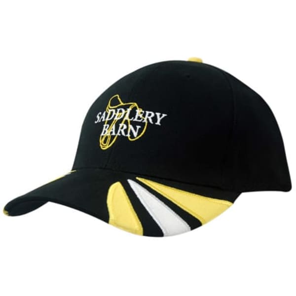 A black cap with yellow fabric inserts on the crown and peak, featuring a logo on the front.