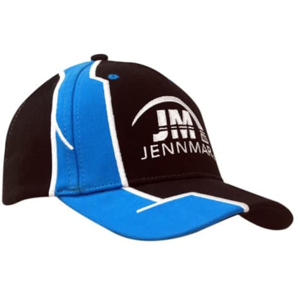 A black and blue cap featuring fabric inserts and embroidery on the crown and peak, with a logo present.