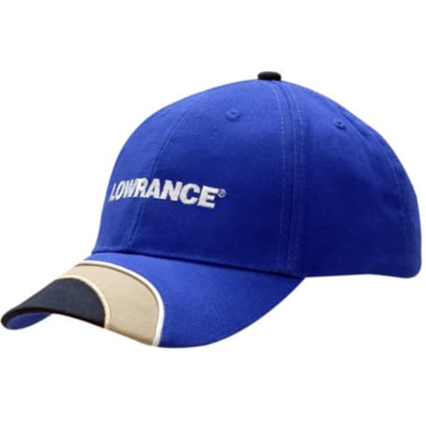 A blue cap with fabric inserts and piping on the crown and peak, featuring a logo on the front.