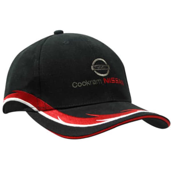 A black cap featuring red and white accents, with an embroidered logo and branding on the front.