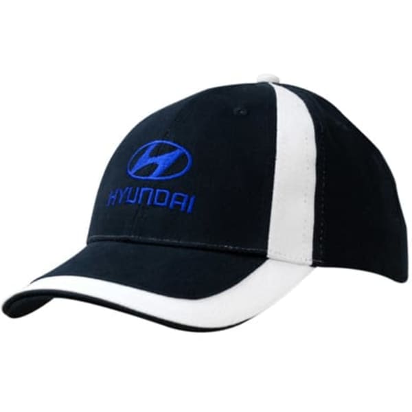 A navy blue cap with white fabric inserts on the crown and peak, featuring a logo on the front.