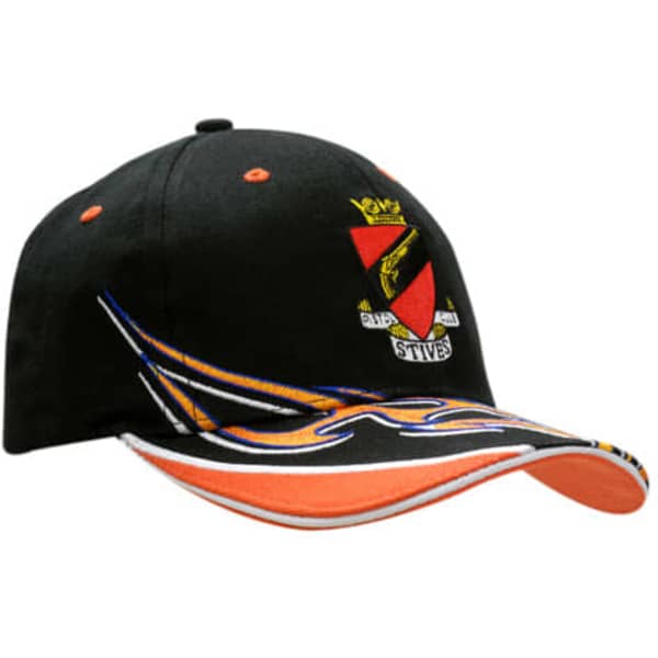 A black cap with flame embroidery on the peak and an emblem on the front. The peak has orange detailing.