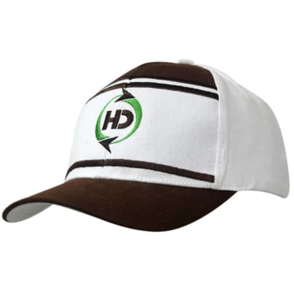 A cap featuring a white front with brown accents and an embroidered logo.