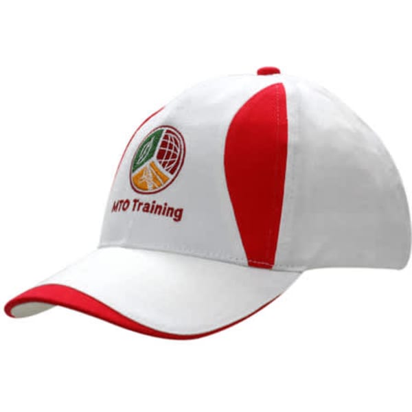 A white baseball cap with red accents and a logo on the front. It features a curved brim and a fitted design.