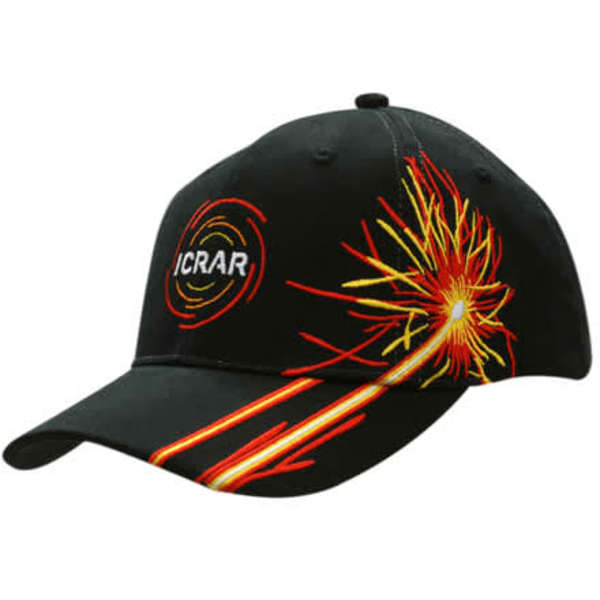 A black cap featuring firework embroidery in red and yellow, with a logo on the front.