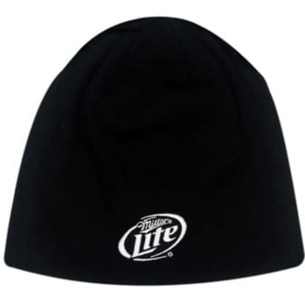 A black rolled down 100% cotton beanie with a logo on the front.