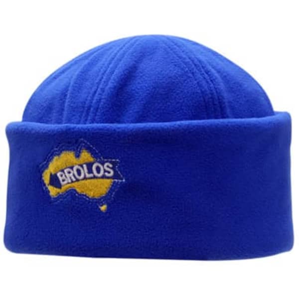 A polar fleece beanie in bright blue featuring a logo, designed for warmth and comfort.