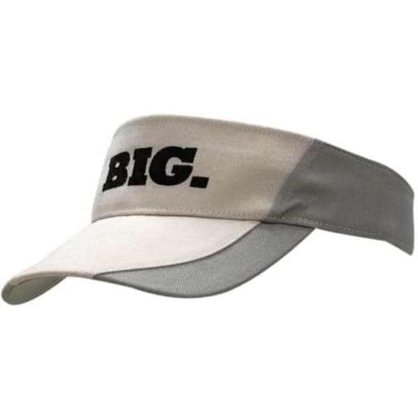 A brushed heavy cotton visor in cream and grey with a logo on the front and peak inserts.