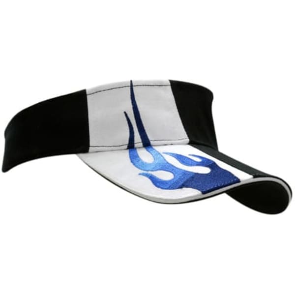 A black and white brushed heavy cotton visor featuring flame embroidery in blue on the crown and peak, with a logo.