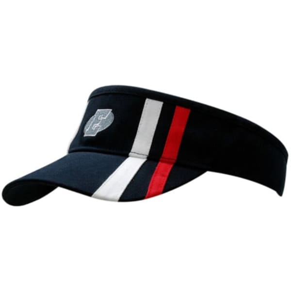 A black visor with stripes in white and red on the crown and peak, featuring a logo on the front.