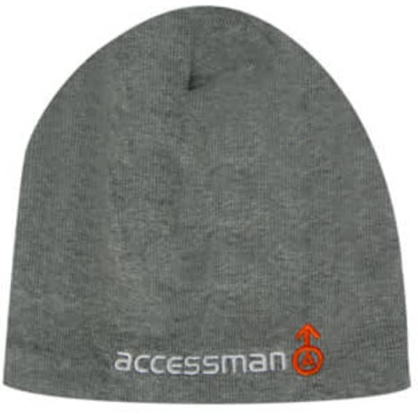 A grey rolled down beanie made of 100% cotton, featuring a fleece lining and a logo.