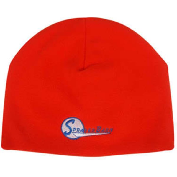A red rolled down micro fleece beanie with a logo embroidered on the front.