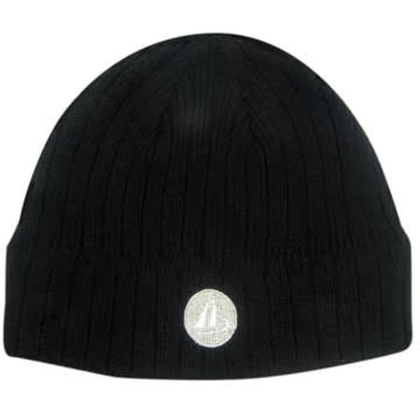 A black cable knit roll down beanie with a small logo on the front.