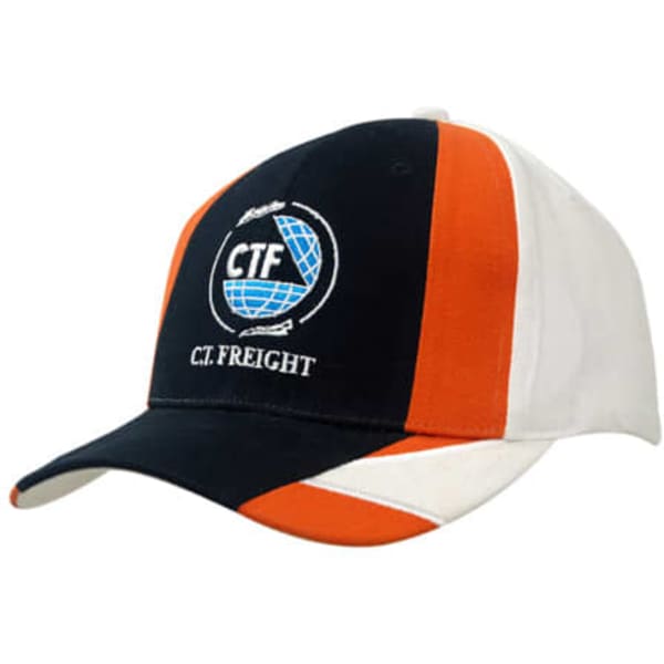 A cap featuring black, orange, and white panels, with an embroidered logo on the front.