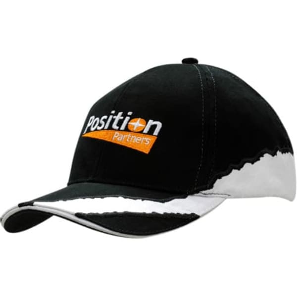 A black cap with white sandwich trim and embroidery on the crown and peak, featuring a logo.