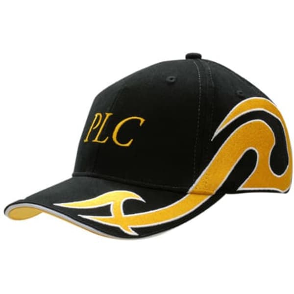A black cap with yellow embroidery and a stylised design on the crown and peak, featuring a logo.