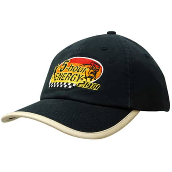 A navy blue cap with a peak trim and a logo featuring a racing theme in orange and yellow colours.