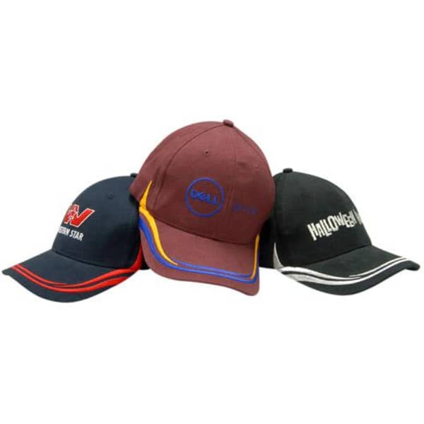 Three caps in various colours: maroon with embroidery, navy with a logo, and black with white text.