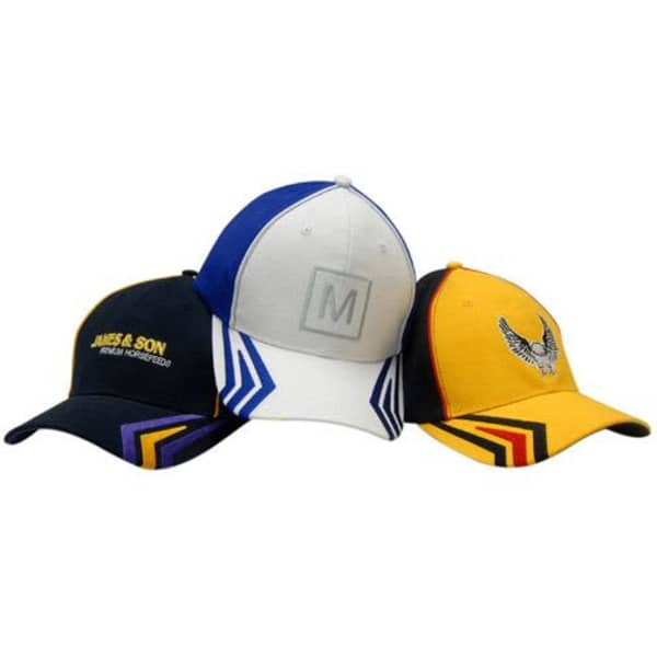 Three caps in black, grey, blue, and yellow, featuring embroidered logos and contrasting crown piping.