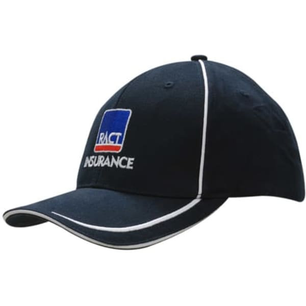 A navy cap with embroidered lines on the peak and crown, featuring a logo on the front.