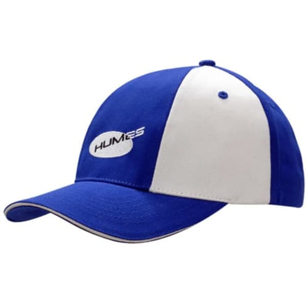 A blue and white cap featuring a logo on the front, with a curved brim and stitched details.