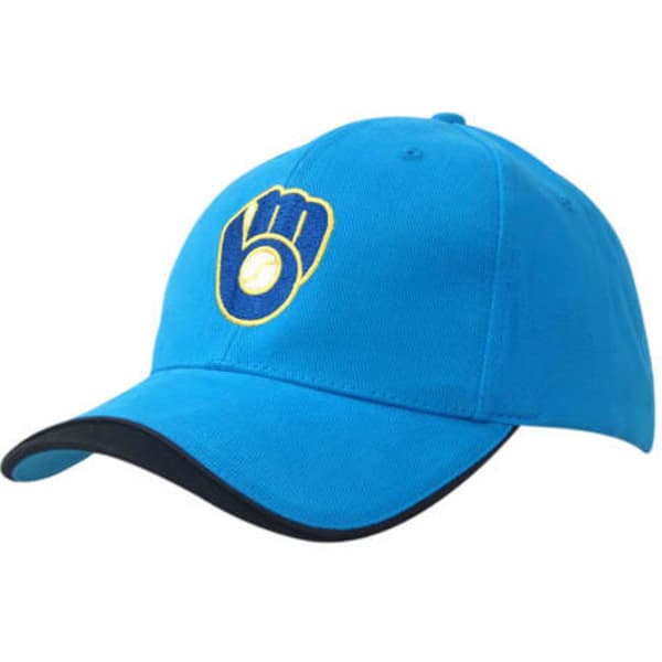 A blue cap with a peak and an embroidered logo on the front, featuring a contrasting black underside.