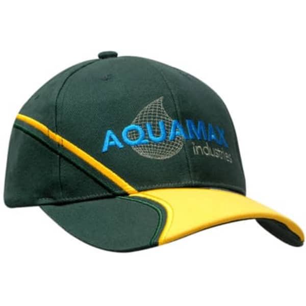 A dark green cap with a yellow peak, featuring peak insert and embroidered logo.