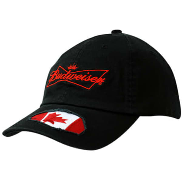 A black cap featuring a frayed red and white Canadian flag applique and a logo on the front.