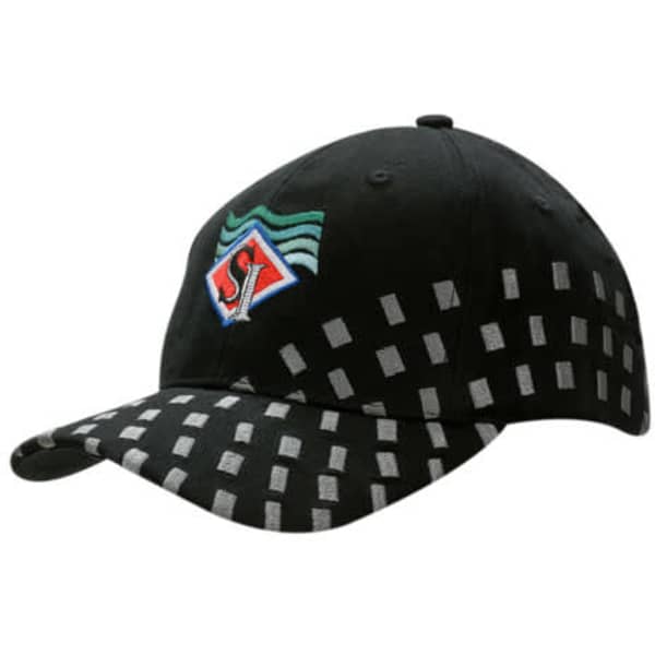 A black cap featuring embroidered squares on the crown and peak, showcasing a logo on the front.
