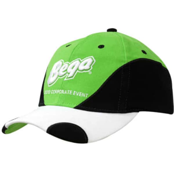 A cap featuring a green crown and peak with black sides and a white brim, including a logo on the front.