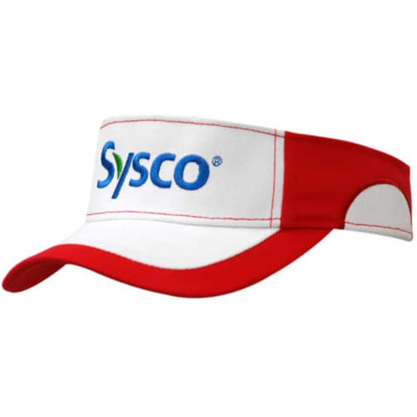 A red and white brushed heavy cotton visor featuring an embroidered logo. It has a peak indent design.